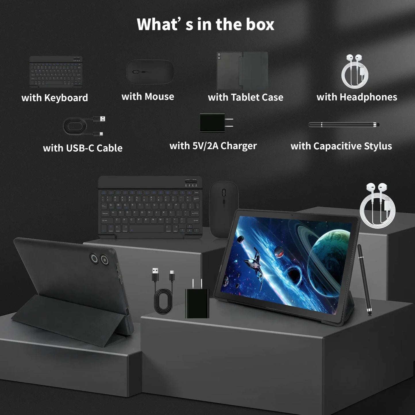 Android 14 10 inch Tablet, A523 Octa Core, 8GB RAM + 64GB ROM(TF 1TB), 5000mAh, Face Unlocked,Black+Keyboard & Mouse Set, Black