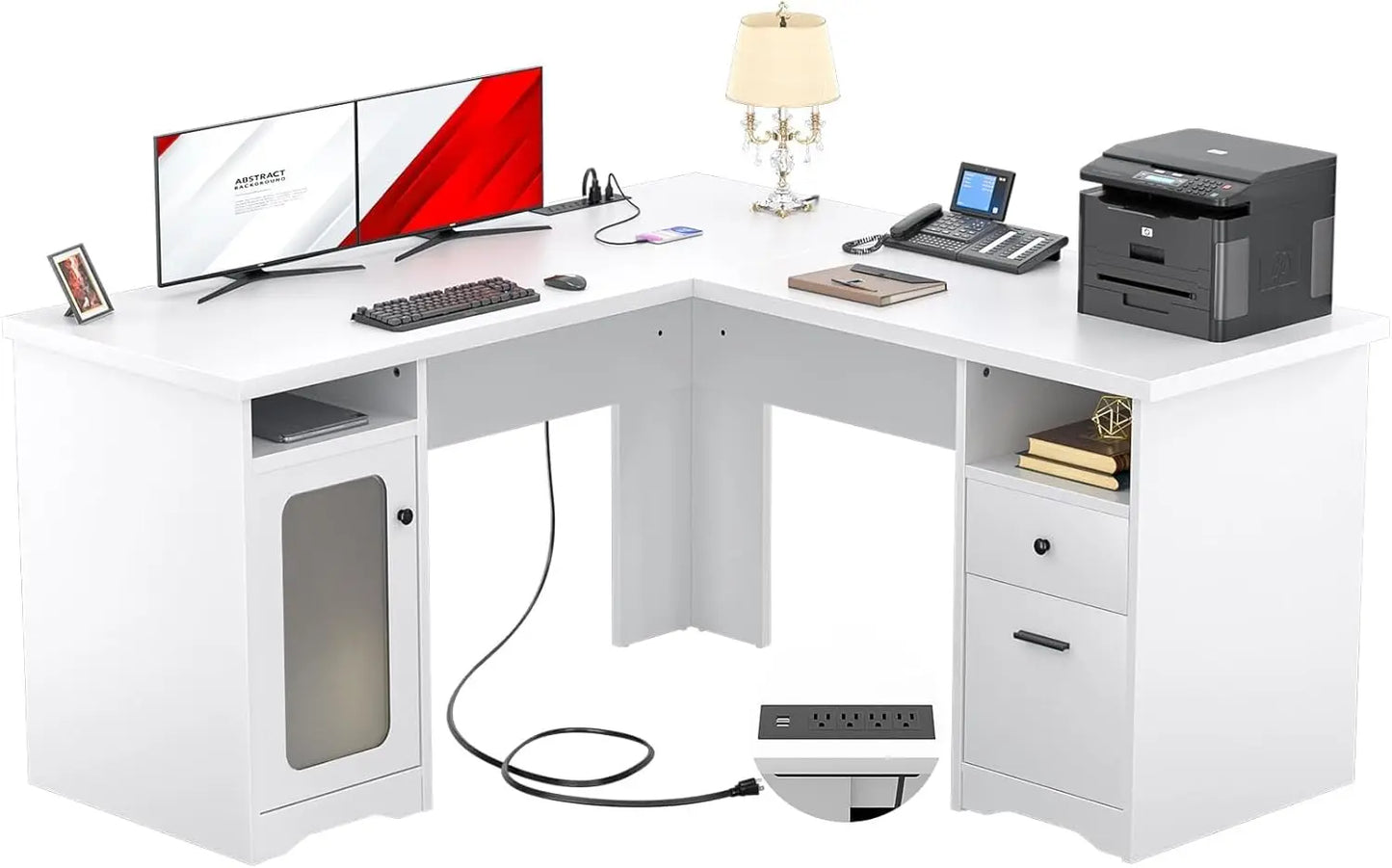 L Shaped Computer Desk with Drawer, 60 Inch Office Desk with Power Outlets and USB Ports, Large L Shape Corner Desks