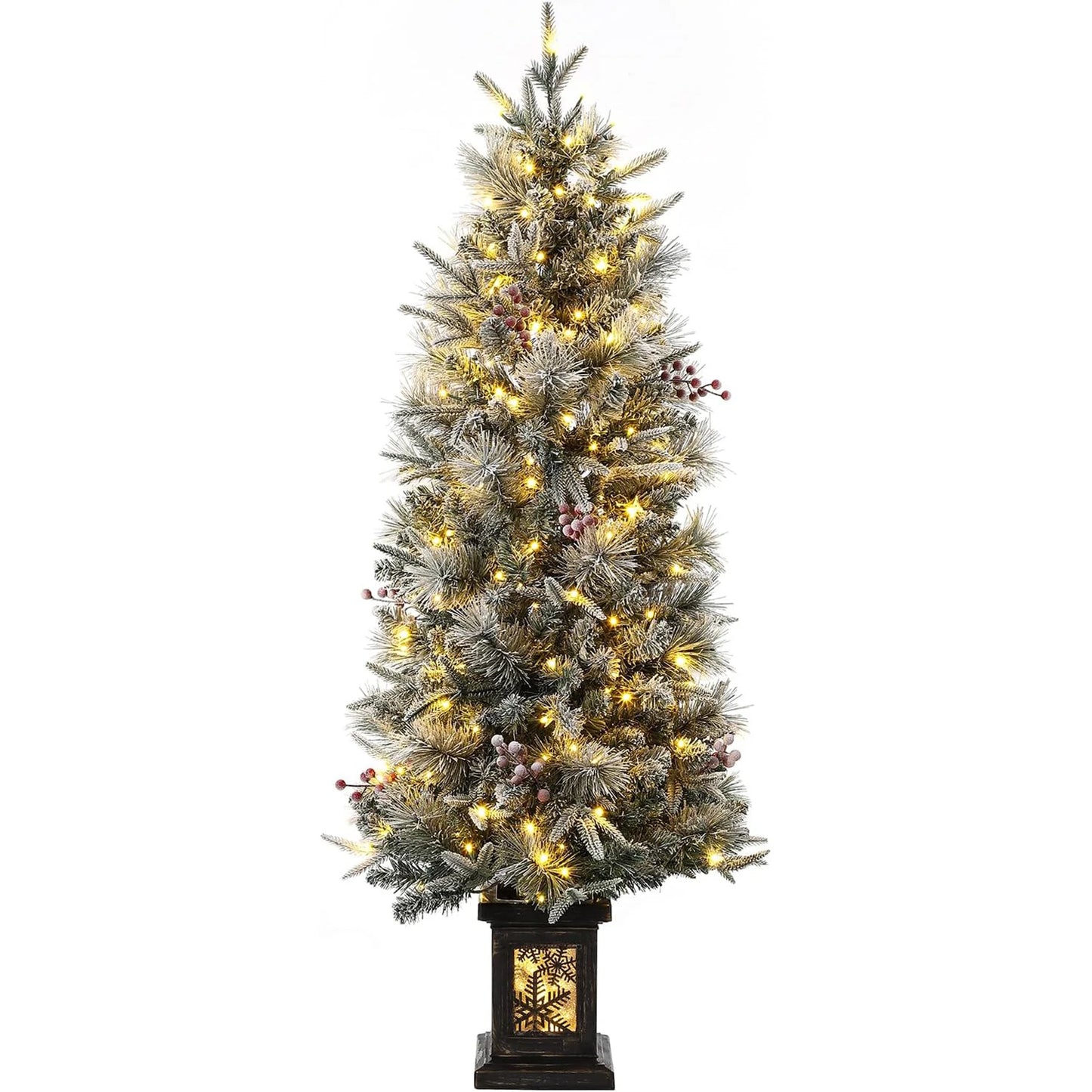 4.5ft Pre-Lit Flocked Artificial Christmas Tree Xmas Tree With 386 Branch Tips & 200 Lights For Home Party Decor Room Ornaments