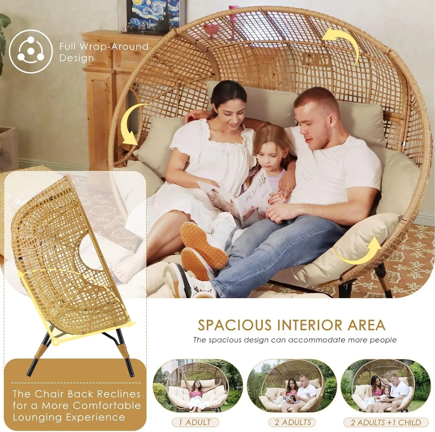 Double Egg Chair Indoor Outdoor Stationary Oversized Thicken Padded Cushions,2 Person Egg Loveseat Chair