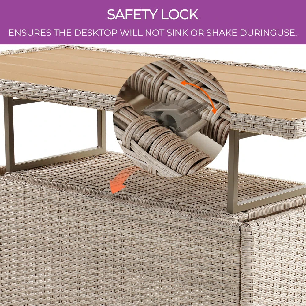 Outdoor Coffee Dining Table , Adjustable Slat Lift Top, Wicker Furniture Multi-Function Dining Table