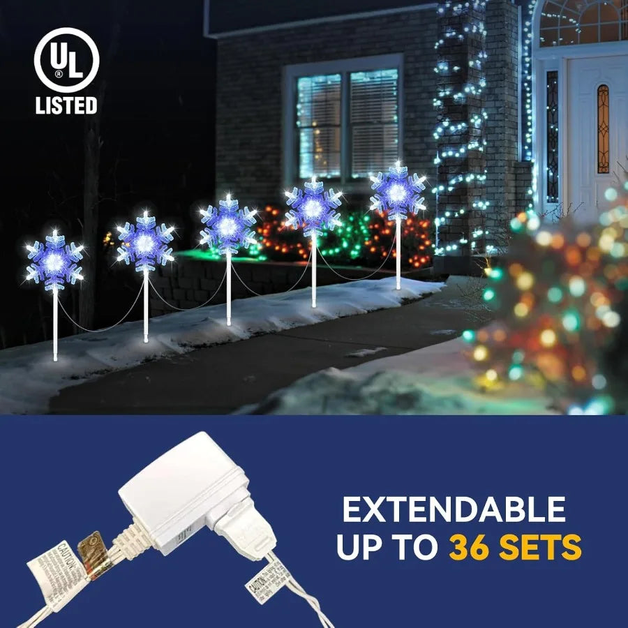 Outdoor 3D Crystal Snowflake Lights in Cool White and Blue 9 ft Set of 5 Connectable Yard Stake Christmas Decorations for Pathw