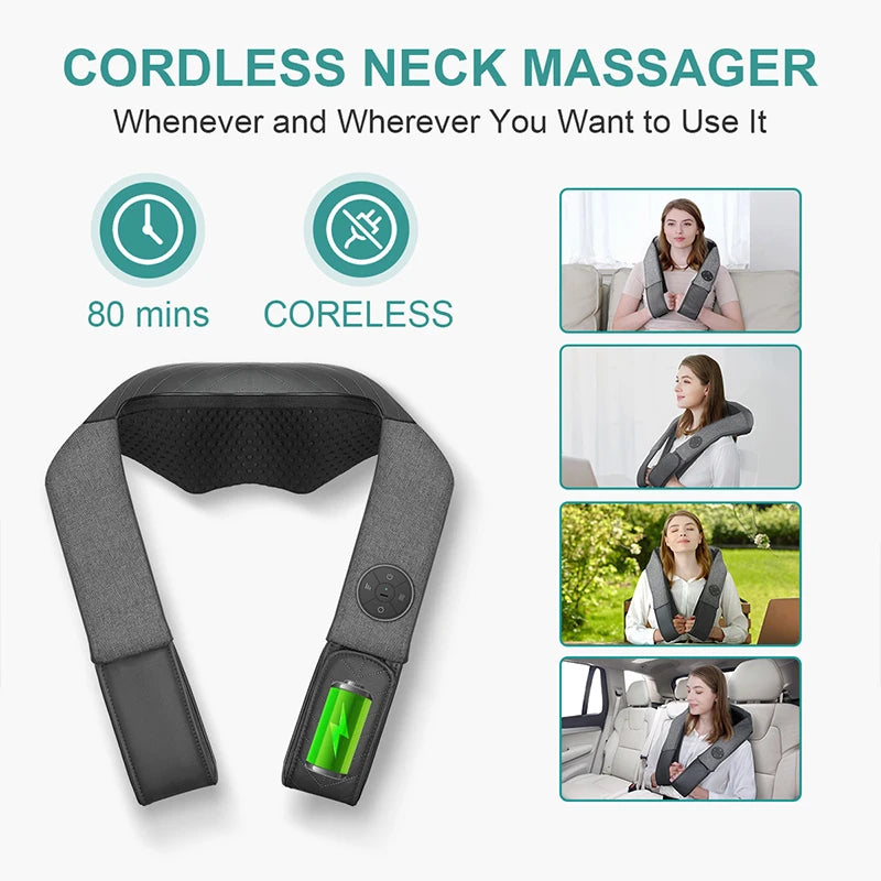 Nekteck Shiatsu Back Shoulder and Neck Massager Cordless Deep Tissue Kneading with Heat Portable Neck Massage Pillow Home Use