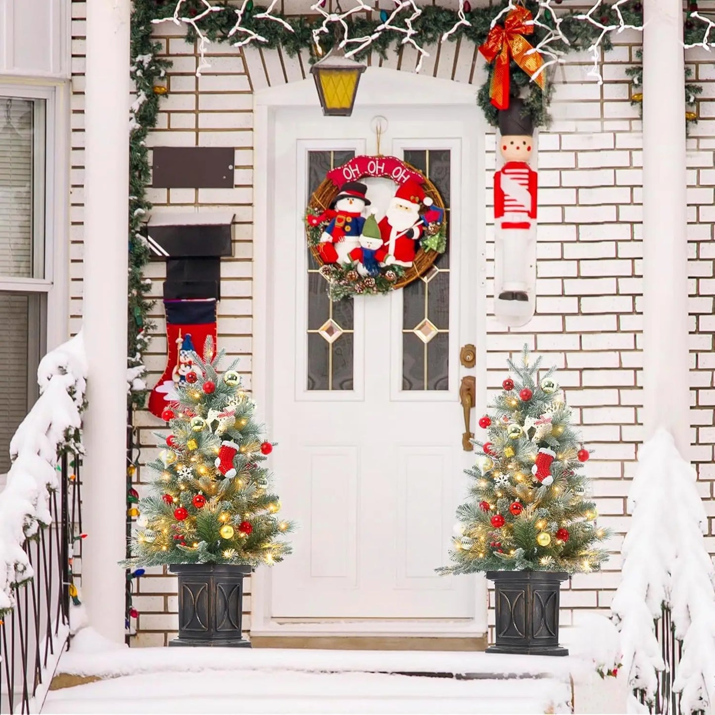 3 FT Pre-Lit Artificial Snow Flocked Christmas Tree with 78 LED White Lights 8 Lighting Modes Red Berries Brown Base