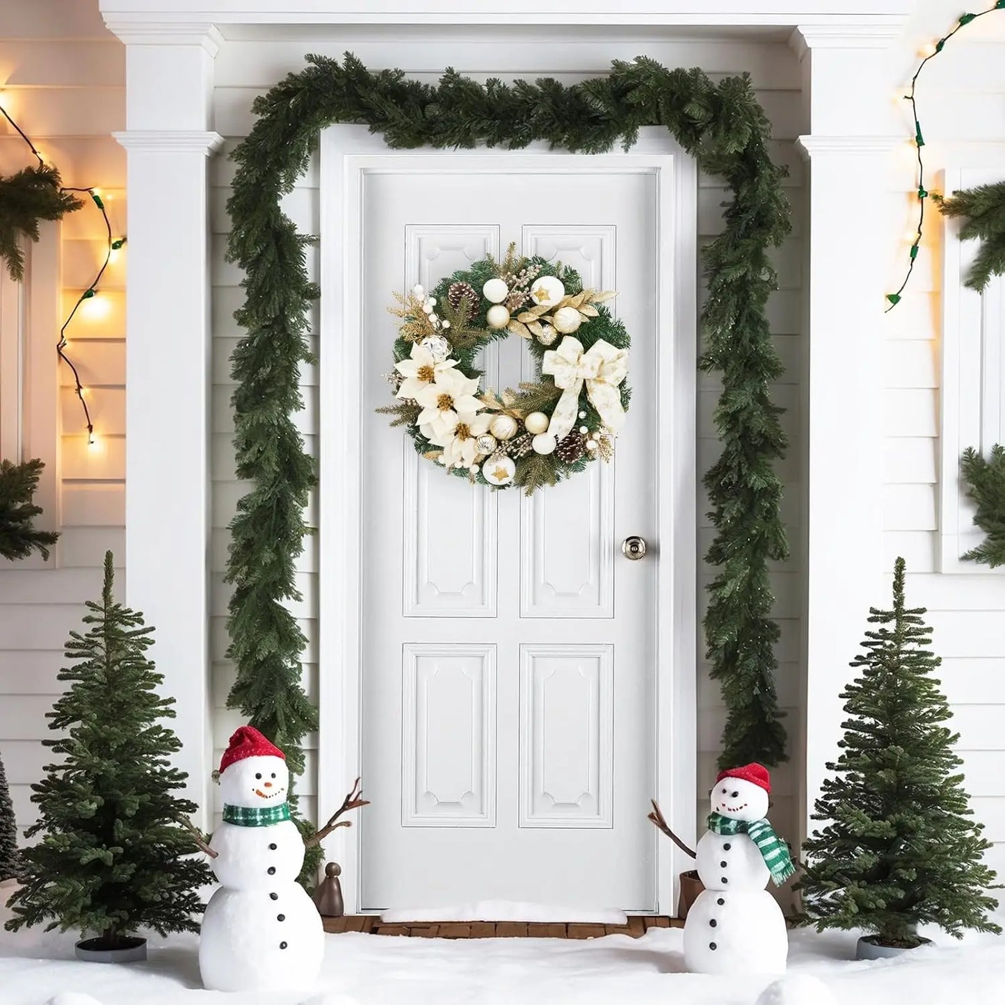 24 Inch Lighted Christmas Wreath with Timer Pre-Lit Xmas Wreath with Flower Bowknot Pine Cones Balls Battery Operated Wreath