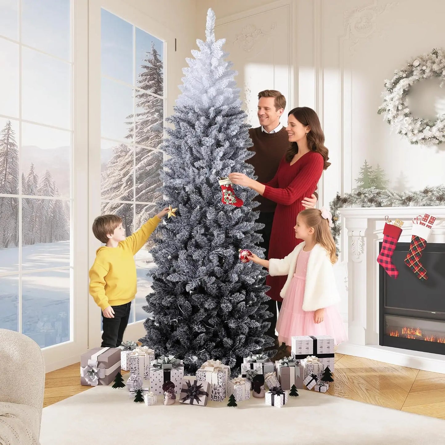 6Ft 7.5FT Prelit Christmas Tree with Lights Slim Artificial Halloween Tree Fake Pencil Tree Automatic Branches For Holiday Decor