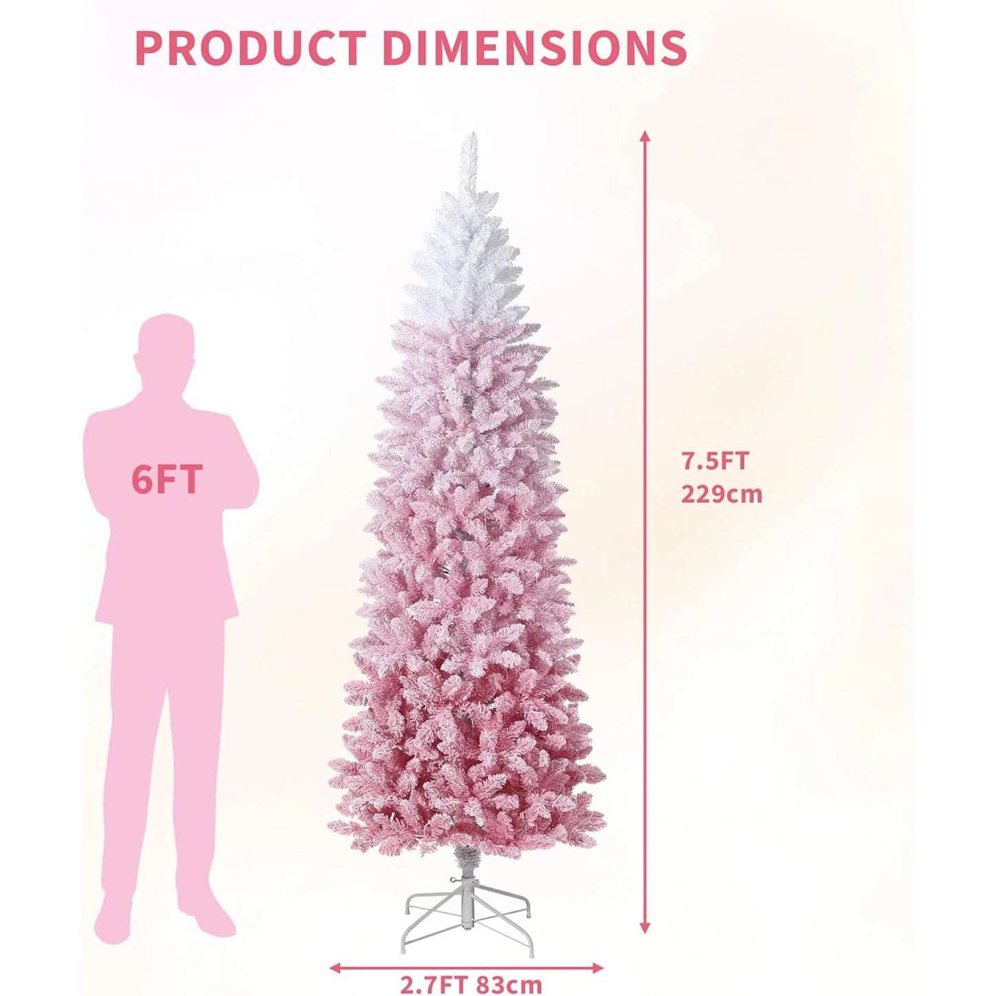 4.5Ft/6Ft/7.5Ft/9Ft Pencil Christmas Tree Artificial Slim Xmas Trees Skinny Christmas Tree Decorations Fake Flockeds White Pink