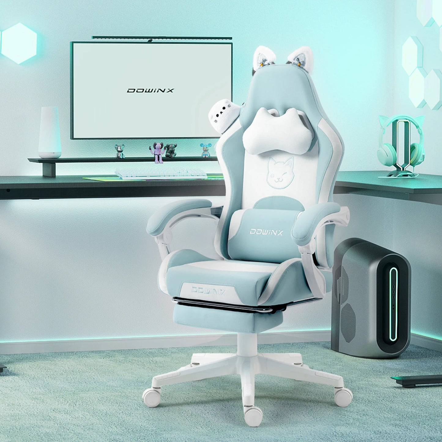 Dowinx Gaming Chair Cute with Cat Ears and Massage Lumbar Support, Ergonomic Computer Chair for Girl with Footrest and Headrest