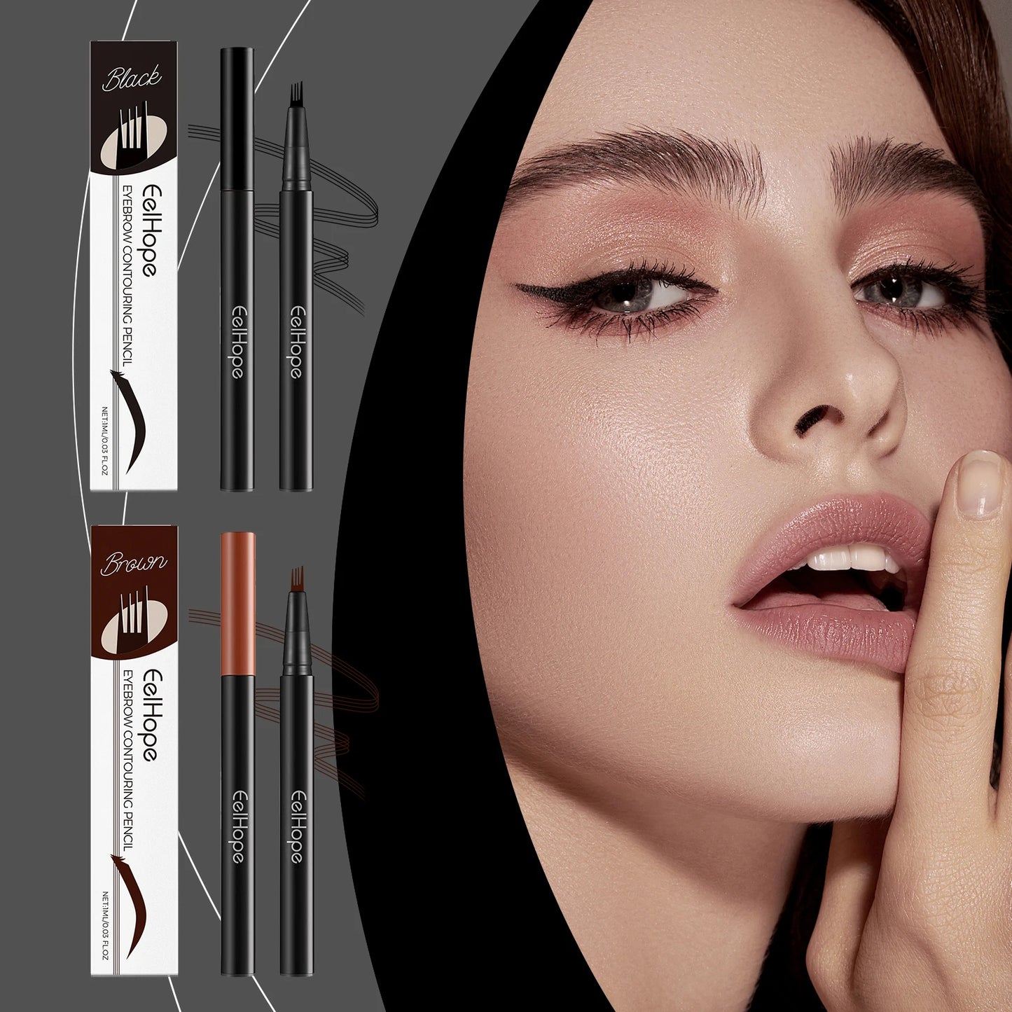 EELHOPE 4-Forks Eyebrow Pencil Natural Brown/Black Long-Lasting Waterproof Sweatproof Eye Makeup Beauty Eye Brow Pen Full Size