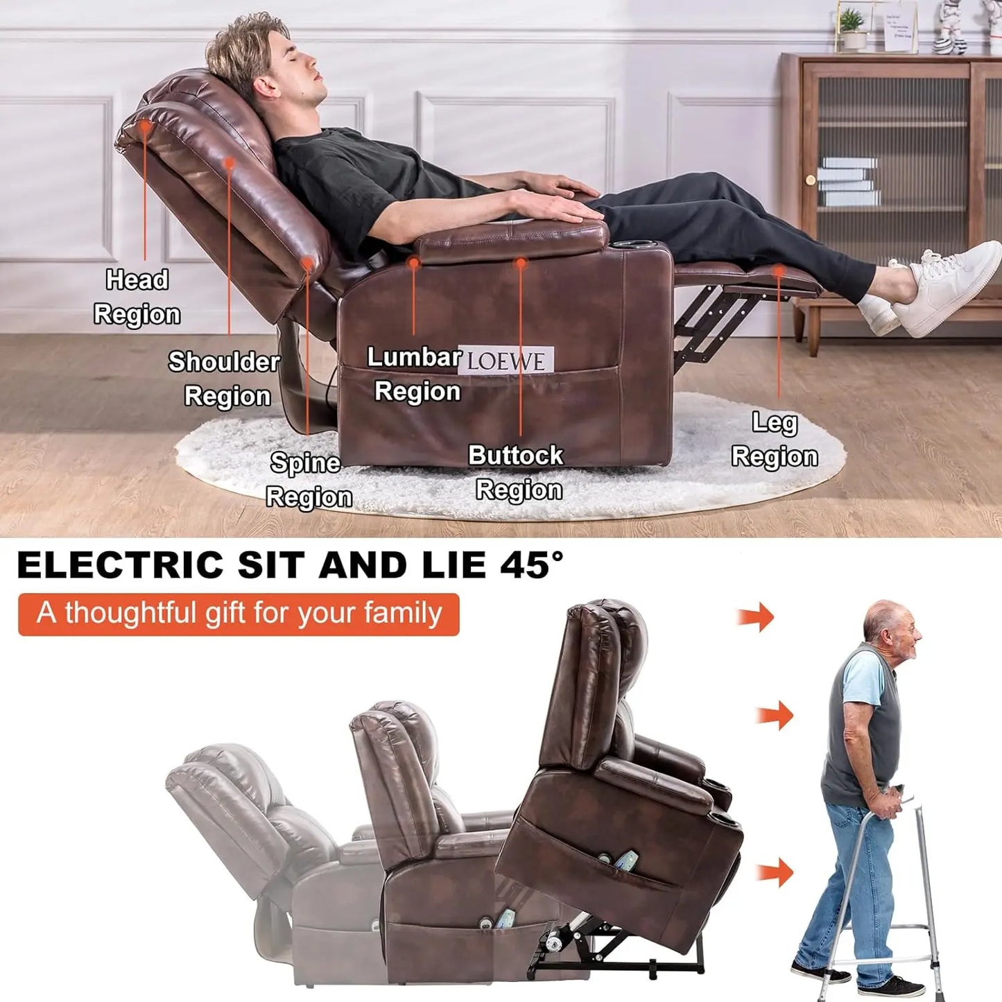 Comhoma Power Lift Recliner for Elderly, Lift Chair with Heat and Massage, Pu Recliner Sofa with Cup Holder