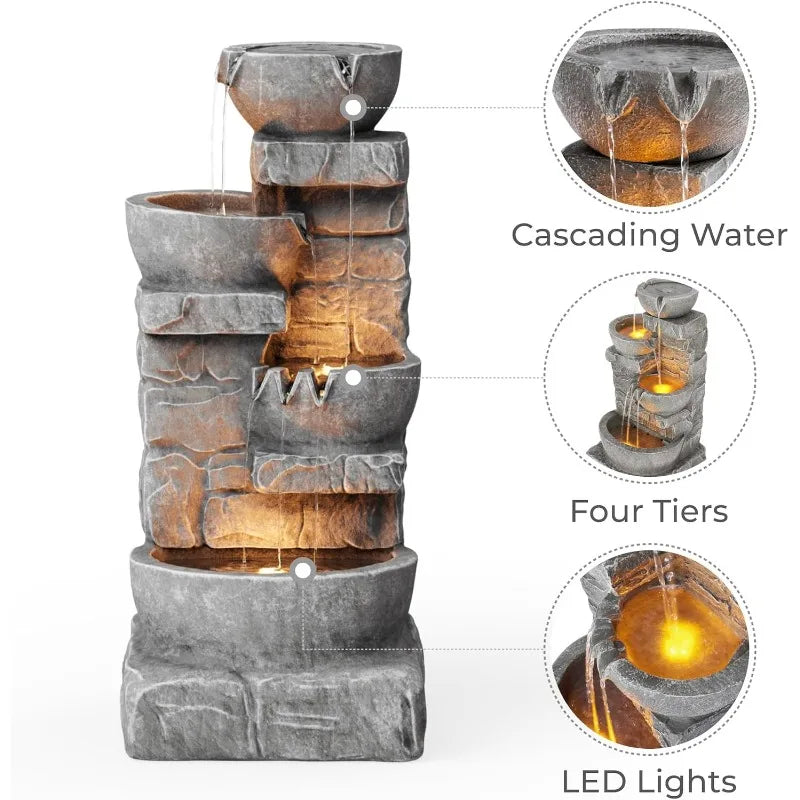 Home 33.25 in. Cascading Bowls and Stacked Stones LED Outdoor Water Fountain for Gardens, Landscaping, Patios, Balconies