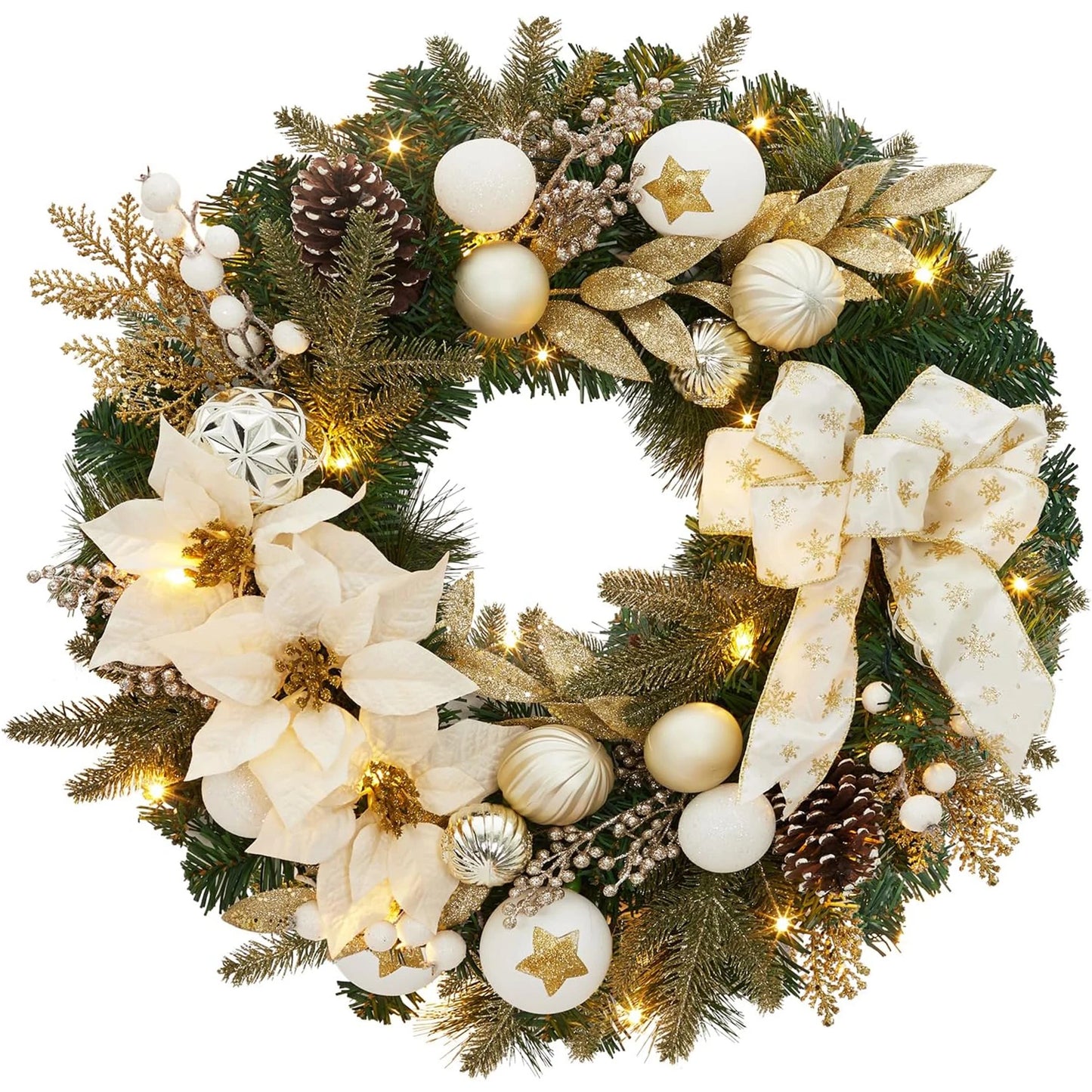 24 Inch Lighted Christmas Wreath with Timer Pre-Lit Xmas Wreath with Flower Bowknot Pine Cones Balls Battery Operated Wreath