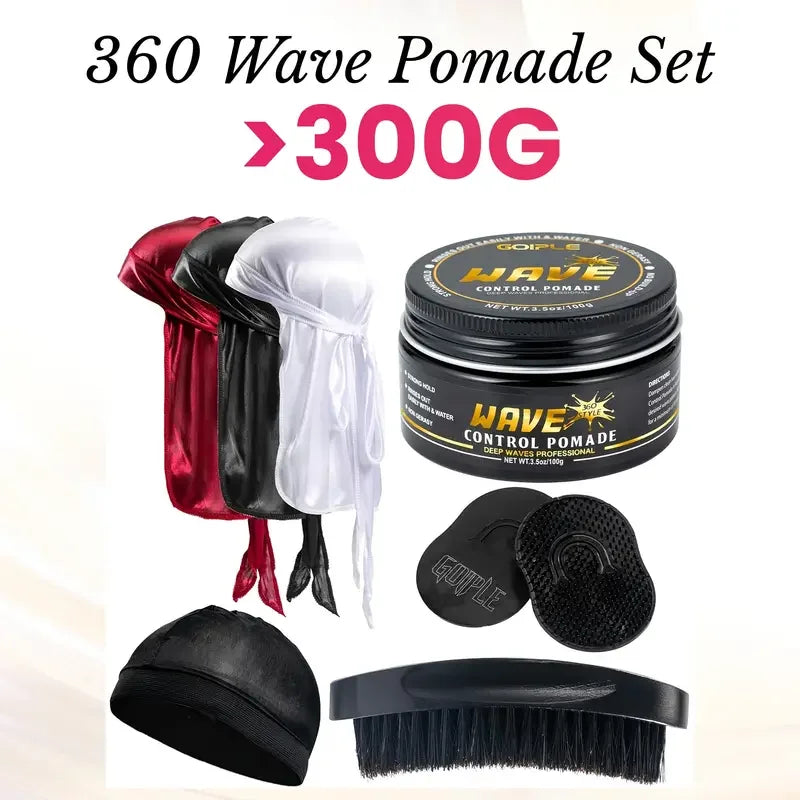 360 Style Wave Control Pomade Strong Hold Deep Waves Layered Gel with Brush Kit Wavy Grease Styling Wax for African Black Men