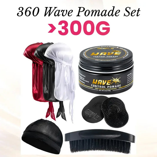 360 Style Wave Control Pomade Strong Hold Deep Waves Layered Gel with Brush Kit Wavy Grease Styling Wax for African Black Men
