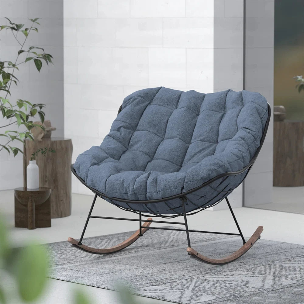 Outdoor Rocking Chair , E-Coated Papasan Rocking Chair with Cushion, Oversized Recliner Rocker for Patio Porch Garden
