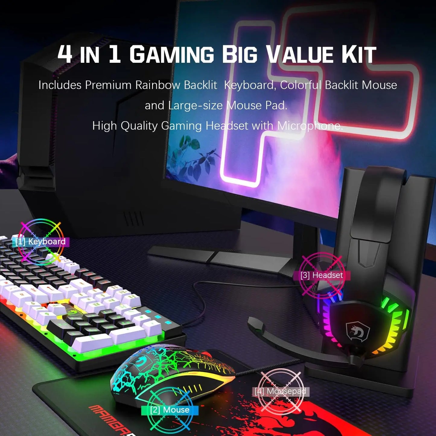 MANBASNAKE T11 Wired Gaming Keyboard and Mouse Headset Combo,Rainbow LED Backlit Wired Keyboard