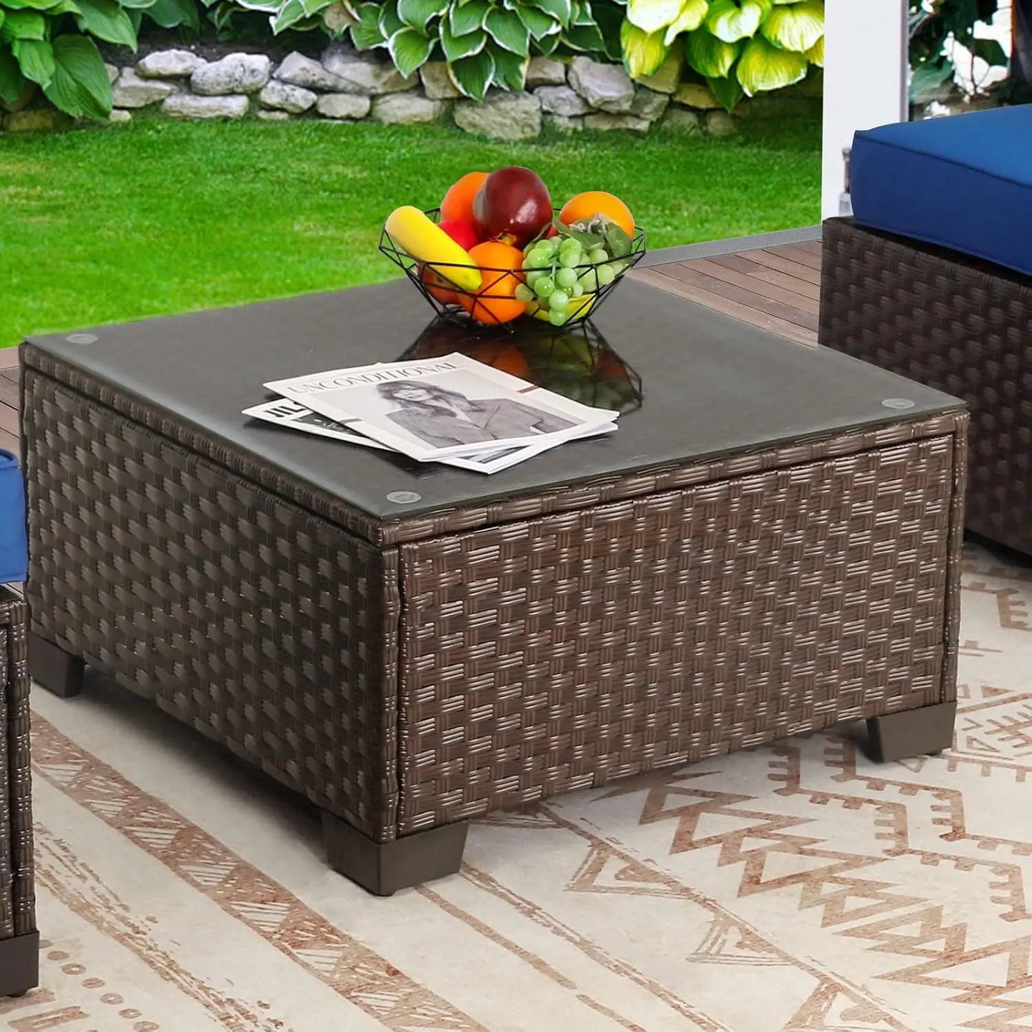 Patio Furniture Wicker Coffee Table Outdoor Garden Square Side Table with Tempered Glass Top Brown