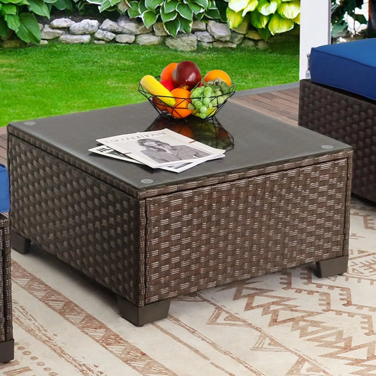 Patio Furniture Wicker Coffee Table Outdoor Garden Square Side Table with Tempered Glass Top Brown