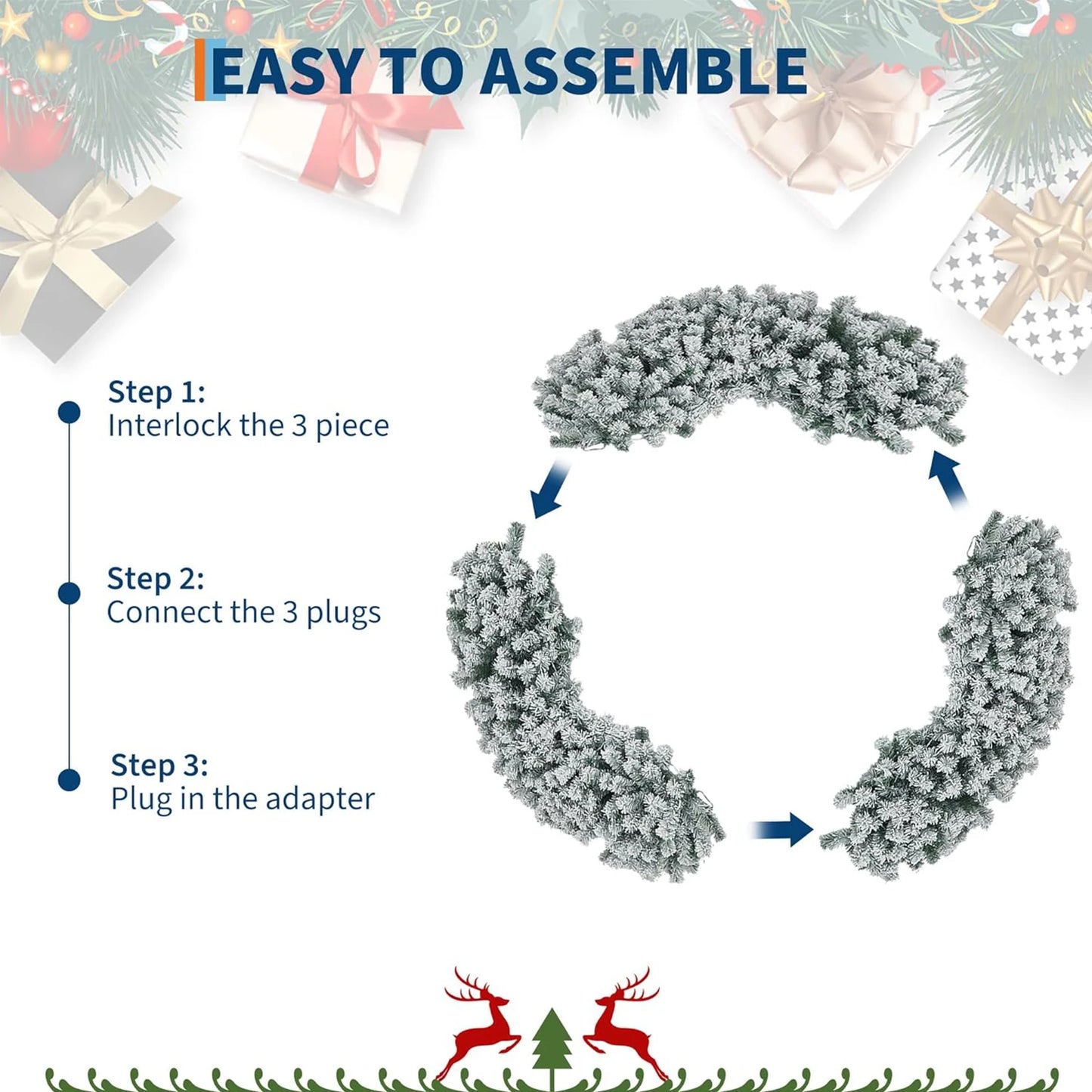 48in 60in Large Flocked Artificial Pre-Lit Fir Christmas Wreath Holiday Accent Decoration for Door, Mantel