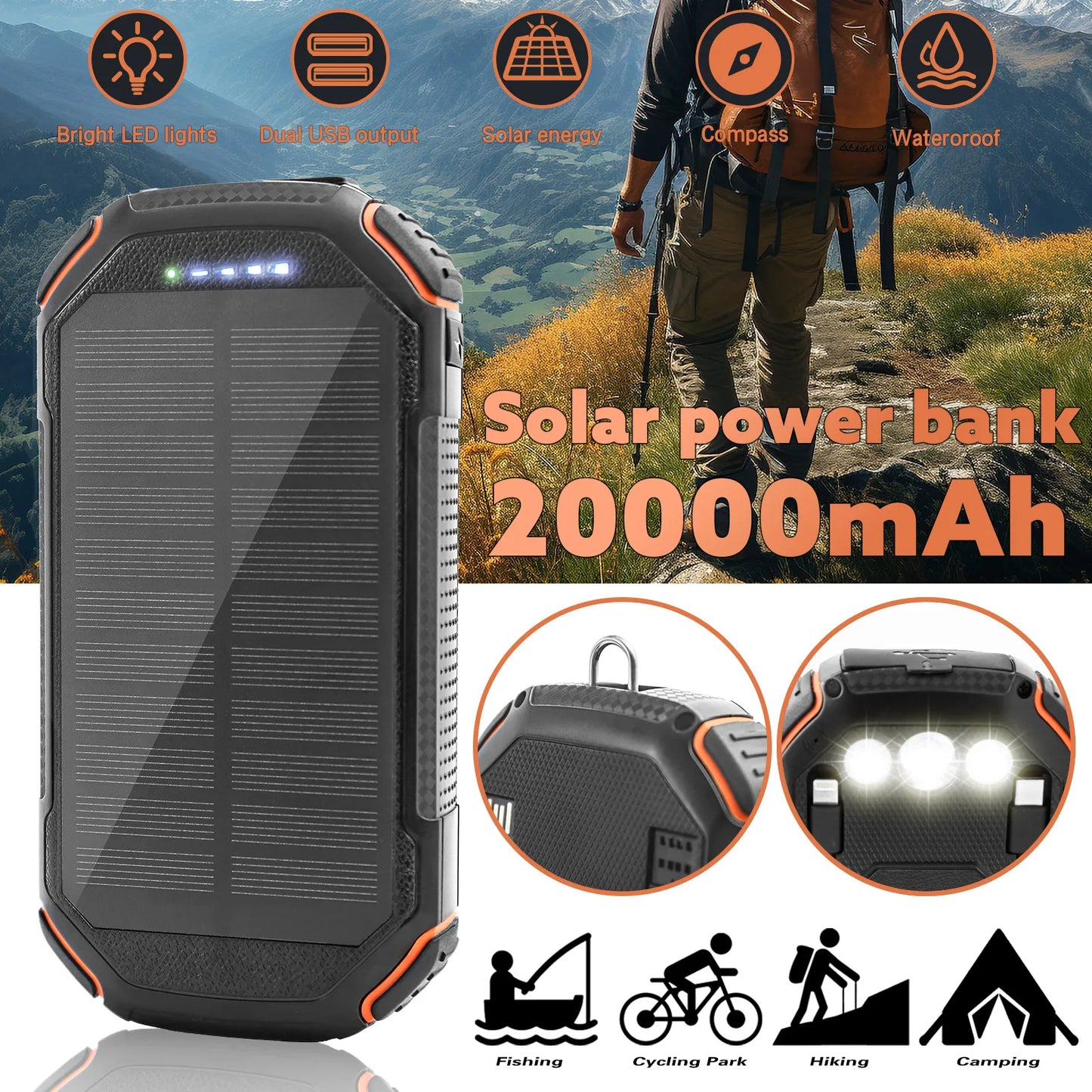 36000mAh Solar Power Bank with Wireless Charging 4 Wires PD18W For Outdoor Adventure daily trip