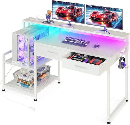 Gaming Desk with Led Lights & Power Outlet, 48 Inch Computer Desk with Drawers, Office Desk with Large Display Storage Shelves