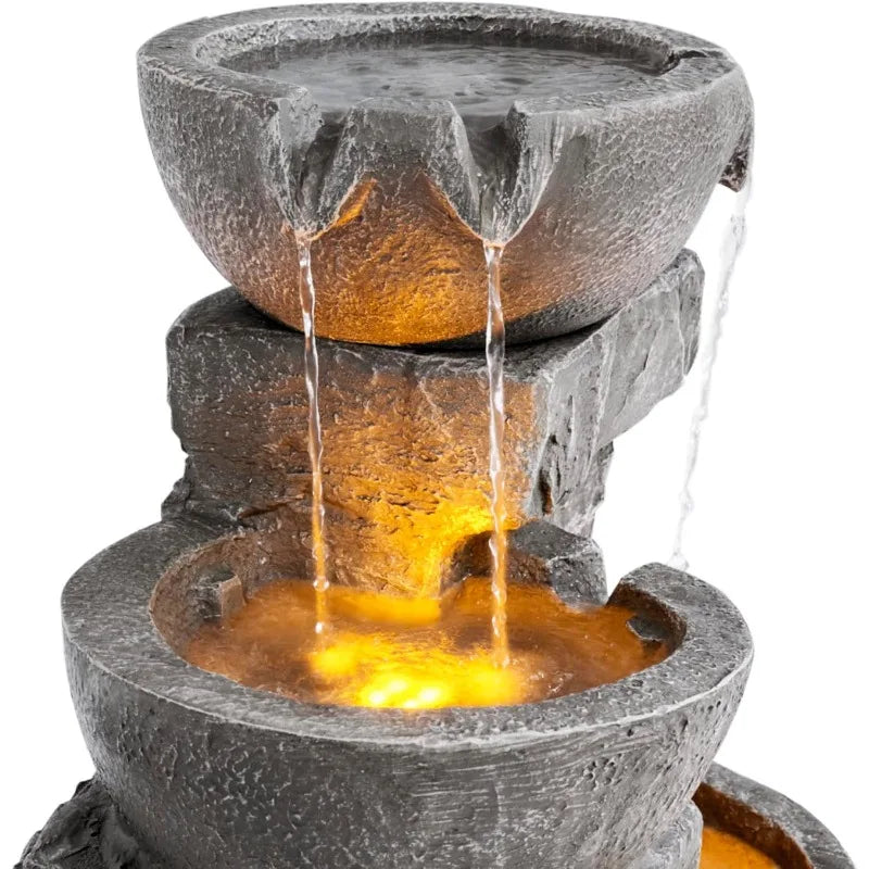 Home 33.25 in. Cascading Bowls and Stacked Stones LED Outdoor Water Fountain for Gardens, Landscaping, Patios, Balconies
