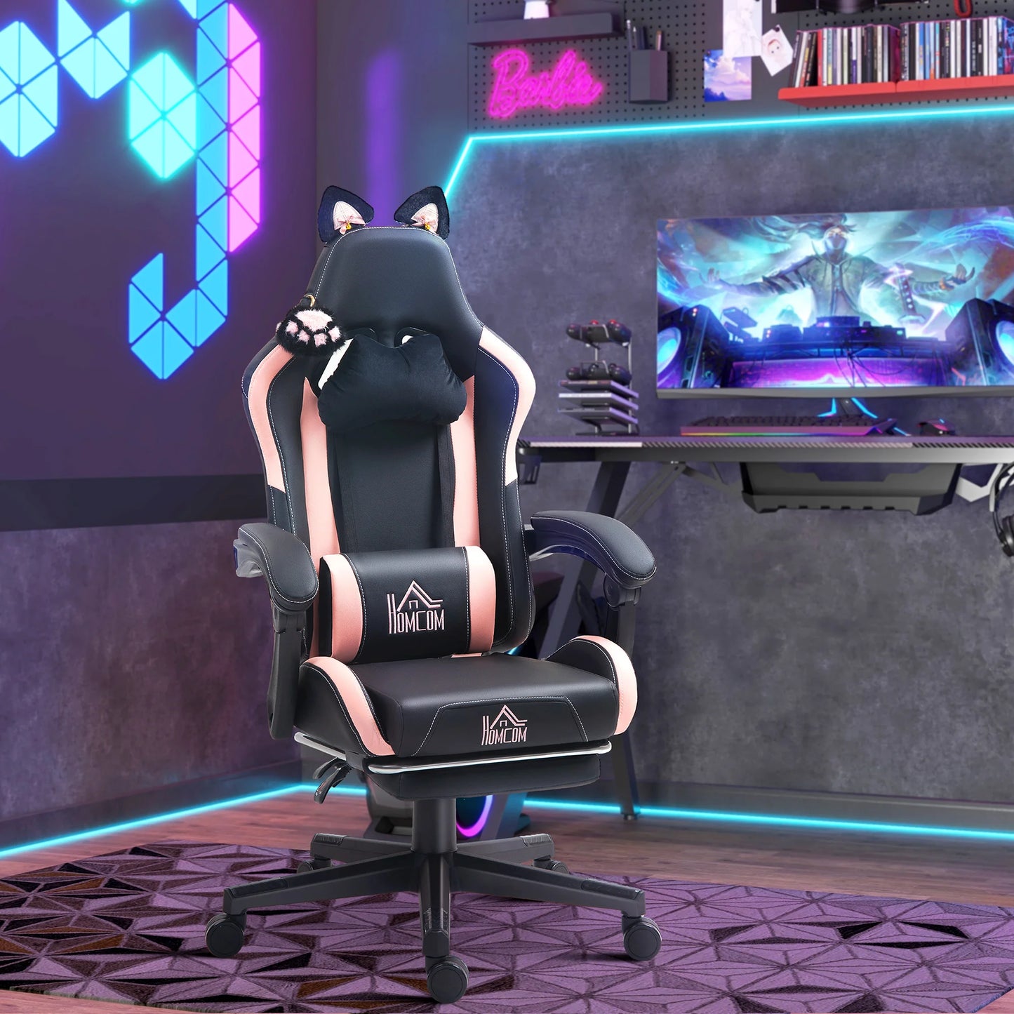 Cute Racing Gamer Chair, Faux Leather Gaming Chair with Footrest, Headrest and Lumbar Support, Black