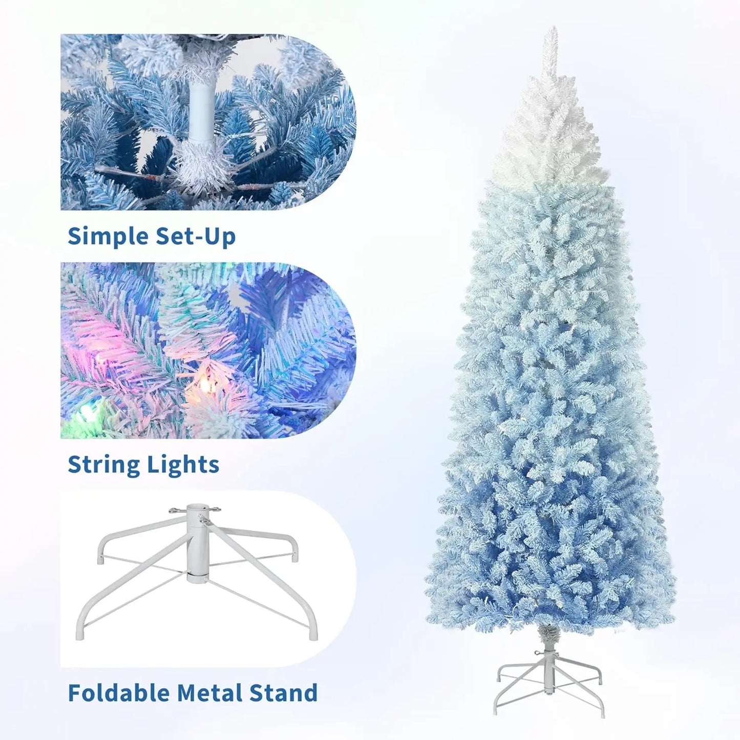 6FT/7.5FT Snow Flocked Pencil Christmas Tree Slim Artificial Christmas Tree Skinny Xmas Tree Holiday Decoration Blue Gradient