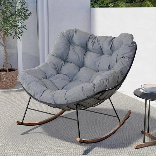 Outdoor Rocking Chair , E-Coated Papasan Rocking Chair with Cushion, Oversized Recliner Rocker for Patio Porch Garden