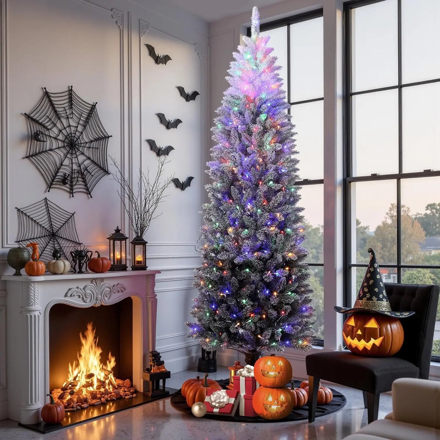 6Ft 7.5FT Prelit Christmas Tree with Lights Slim Artificial Halloween Tree Fake Pencil Tree Automatic Branches For Holiday Decor