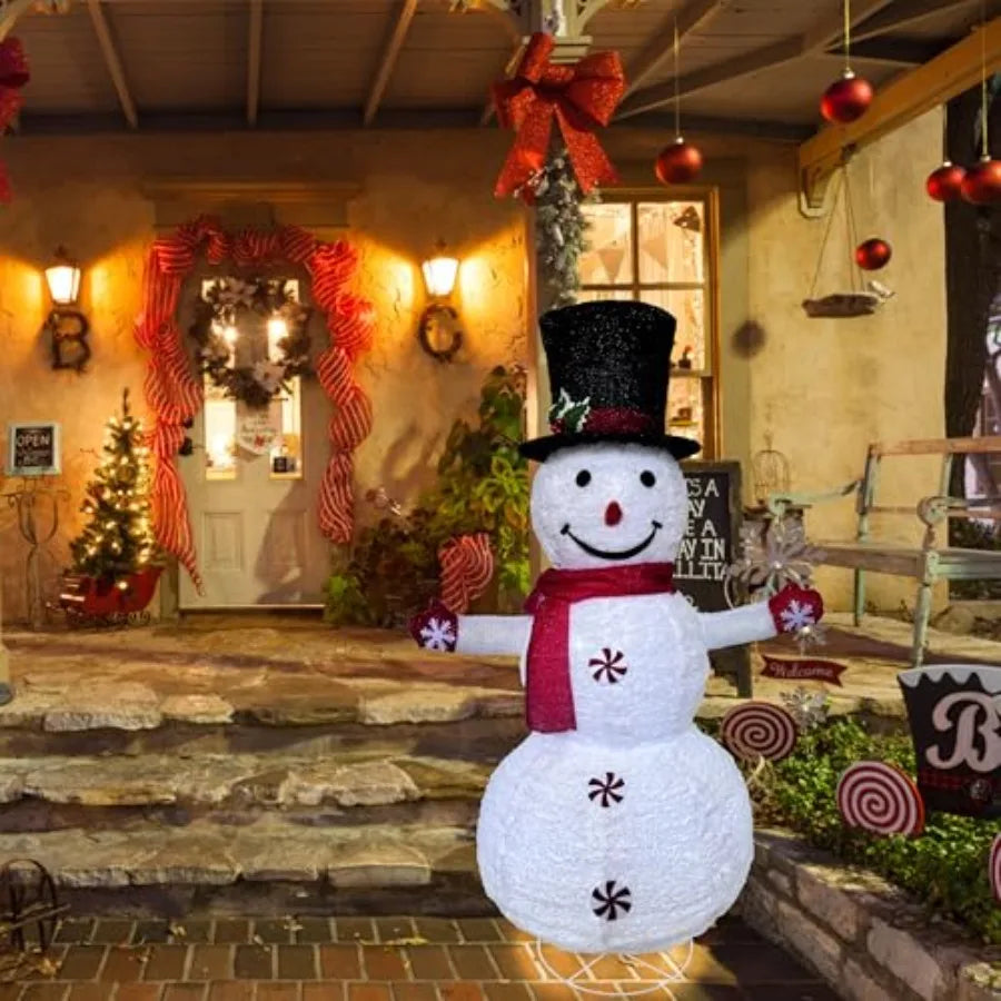 4 Feet Red Theme Snow Flannel Material Light Up Snowman Christmas Decoration for Indoor and Outdoor Patio Holiday Party Decorat