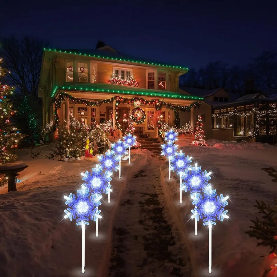 Outdoor 3D Crystal Snowflake Lights in Cool White and Blue 9 ft Set of 5 Connectable Yard Stake Christmas Decorations for Pathw
