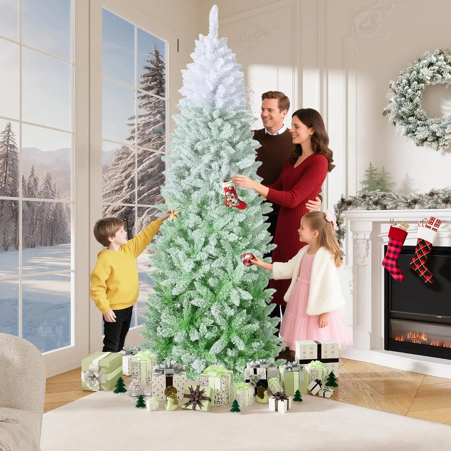 6FT/7.5FT Pencil Christmas Tree Prelit Snow Flocked Holiday Decoration Artificial Xmas Tree With Dual Color LED Lights