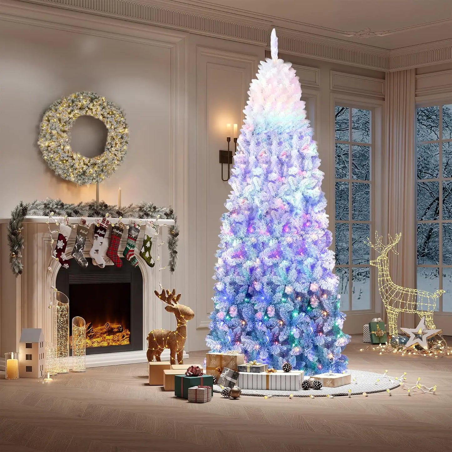 6FT/7.5FT Snow Flocked Pencil Christmas Tree Slim Artificial Christmas Tree Skinny Xmas Tree Holiday Decoration Blue Gradient