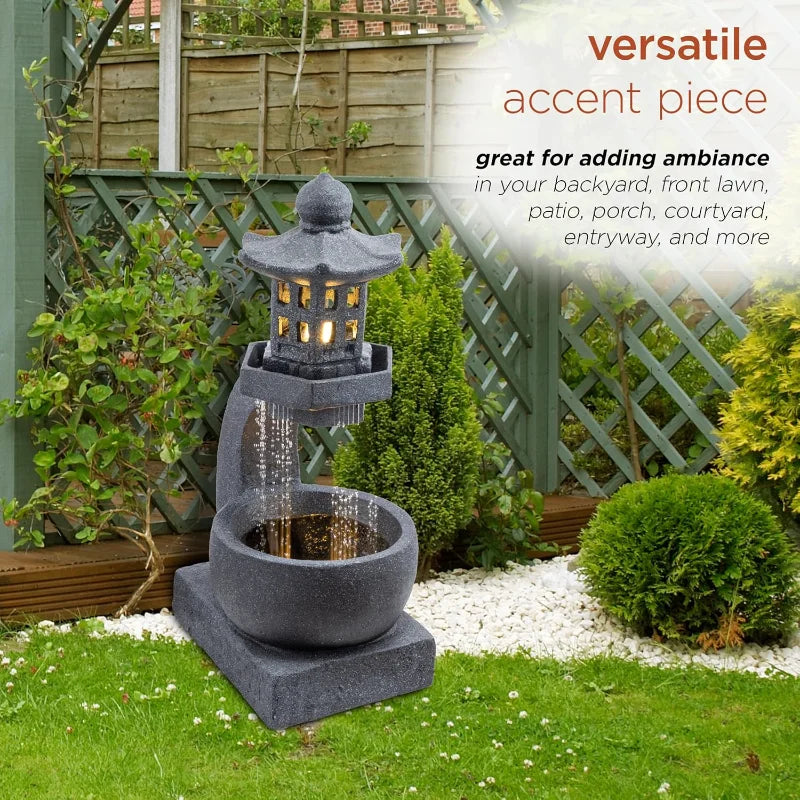 DIG370 31"Outdoor Zen Pagoda Water Fountain with LED Lights&Illuminated Stone Bowl–Tranquil Garden Water Feature for Relaxation