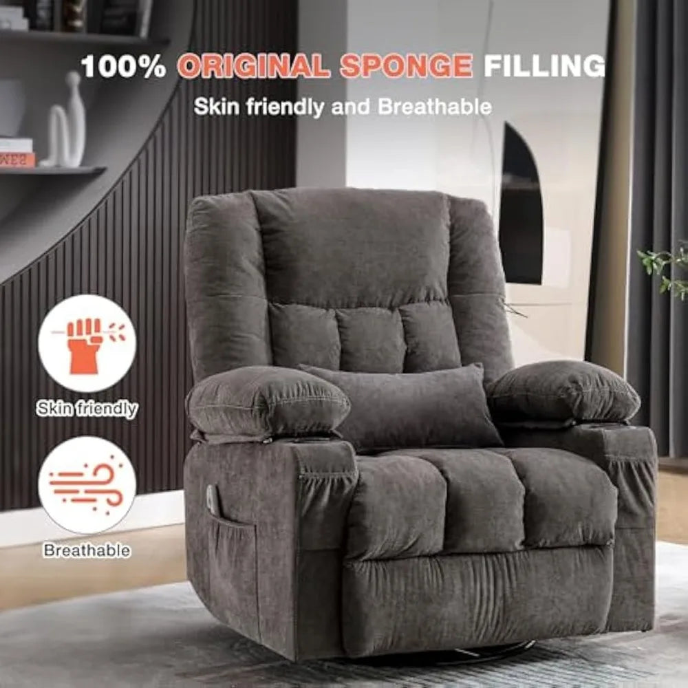 Massage Swivel Recliner Chair, Oversized Rocker Recliner with Vibration Massage and Lumbar Heat Ergonomic Rocker Chair for Livin