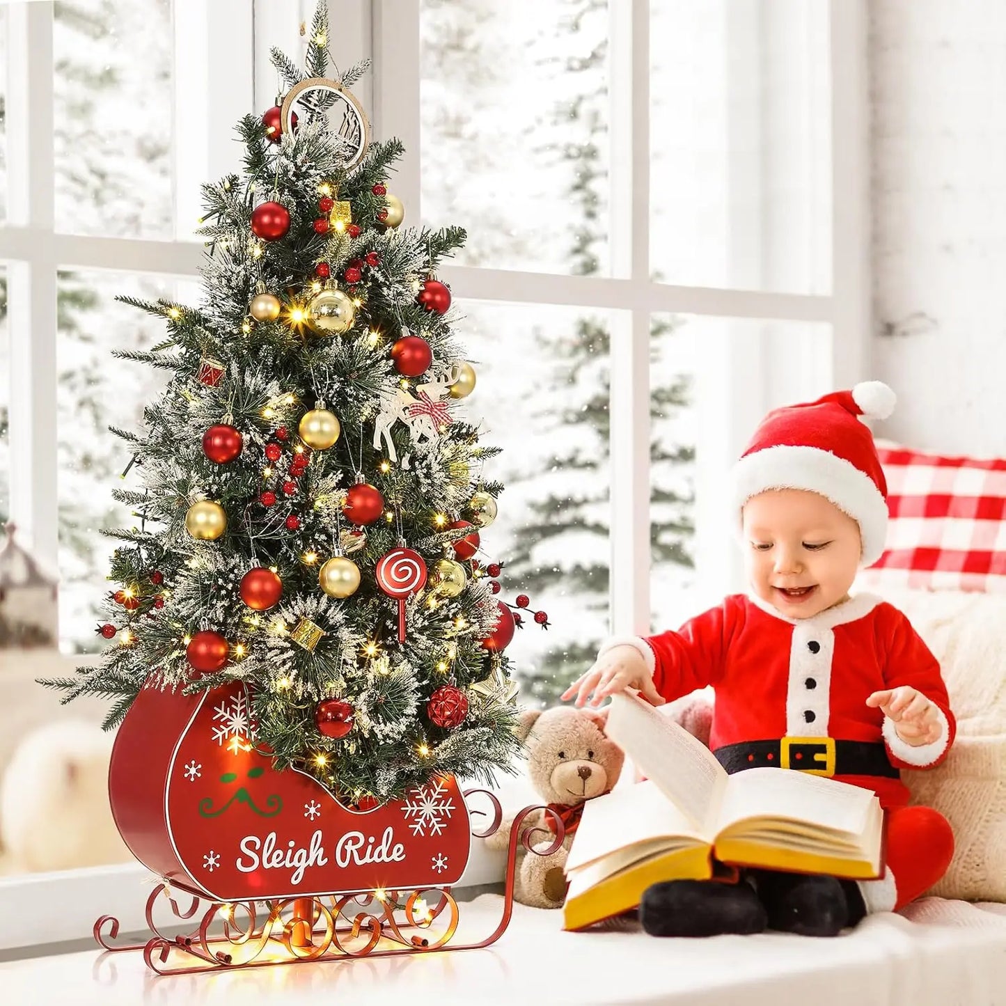 3FT Christmas Tree With 78 Lights Pre-Lit Artificial Desktop Xmas Tree With 8 Mode Includes Red Berries & Sleigh Base