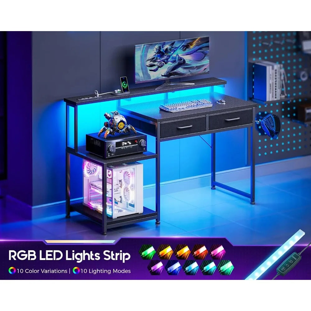 Gaming Desk with Led Lights & Power Outlet, 48 Inch Computer Desk with Drawers, Office Desk with Large Display Storage Shelves