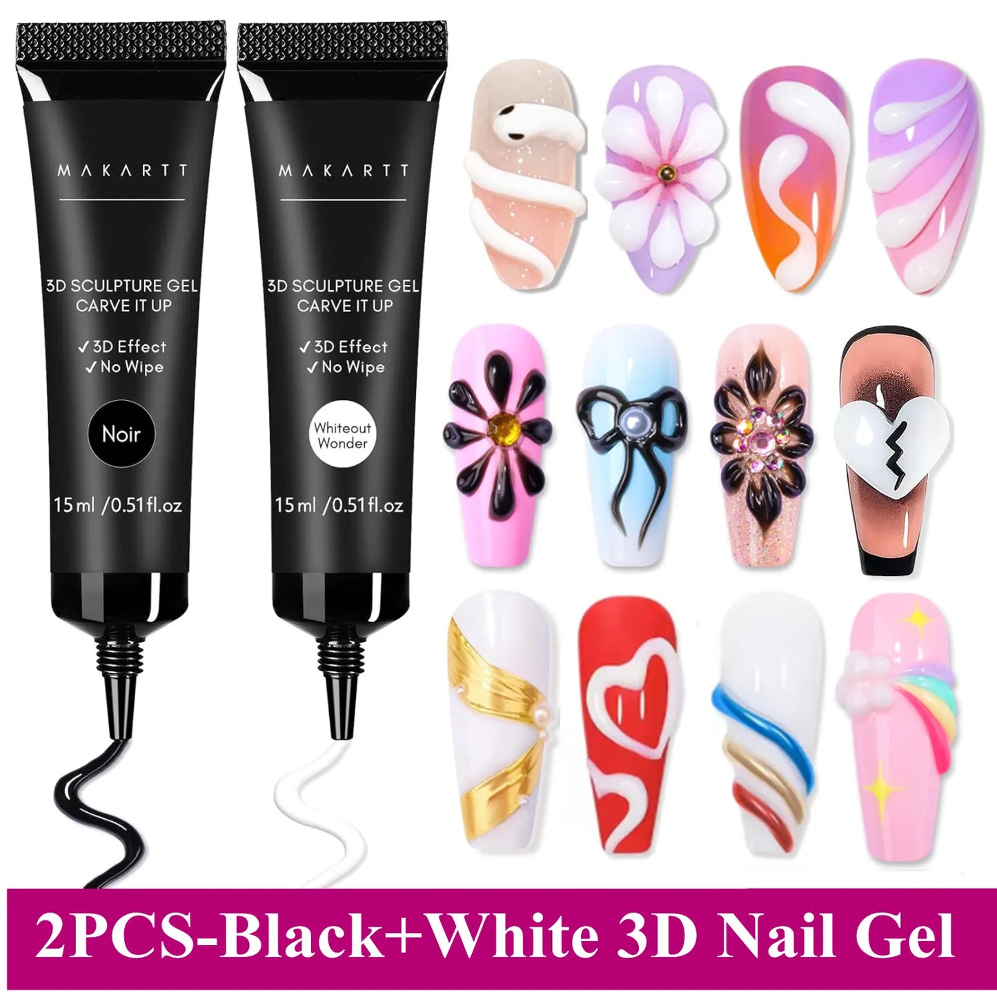 Makartt 3D Gel - Nail Sculpting Gel Nail Glue 15g No Wipe Clear Black Gel Polish for Nail Designs DIY Nail Art Drawing, Molding