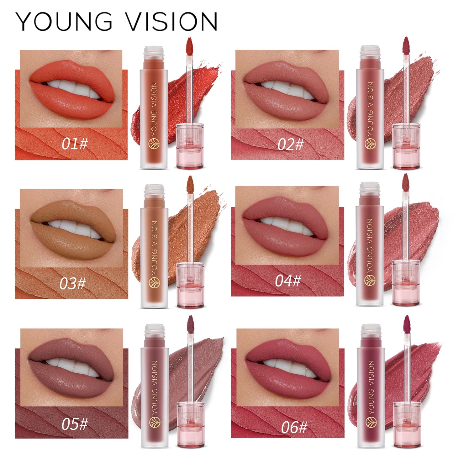YOUNG VISION's 6-color Matte Velvet Lip Paste is a non-sticky, long-lasting liquid lipstick that is comfortable to wear.