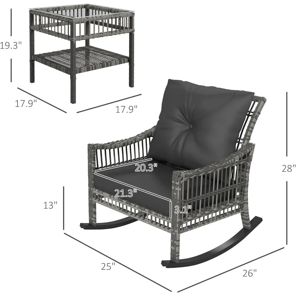 Wicker Outdoor Rocking Chair Set, 3 Piece Patio Furniture Set with Padded Cushions and Storage Coffee Table, 2-Seater PE Rattan