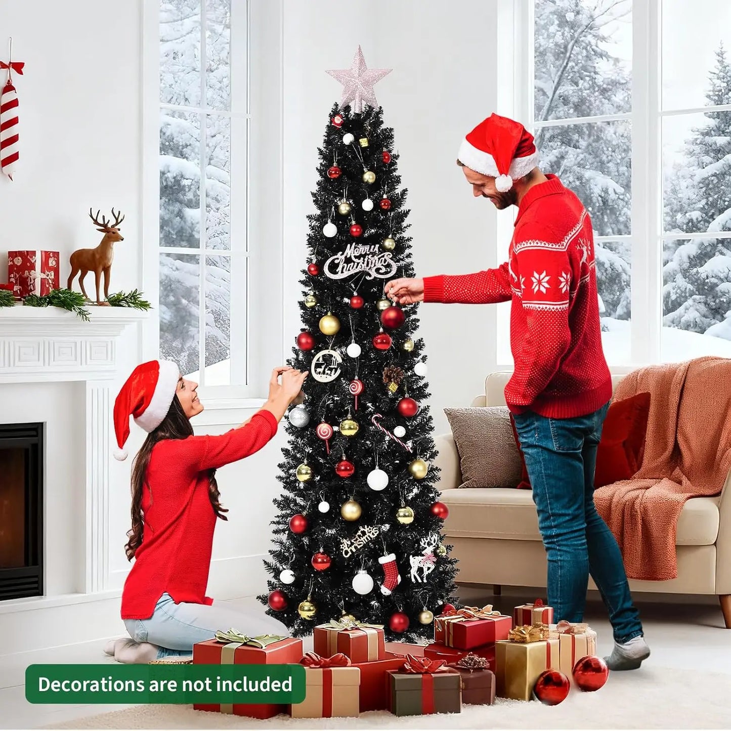 6 Ft Pre-Lit Black Halloween Christmas Tree Slim Artificial Pencil Christmas Tree With 250 Colorful LED Lights 8 Lighting Modes