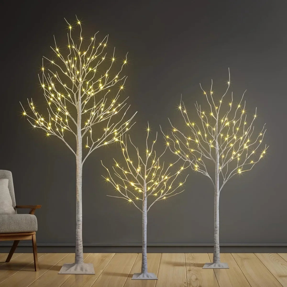 3-Piece Lighted Birch Tree Set (4/6/8FT) with Warm White LEDs for Year-Round Indoor Outdoor Decor: Patio, Wedding, Christmas.