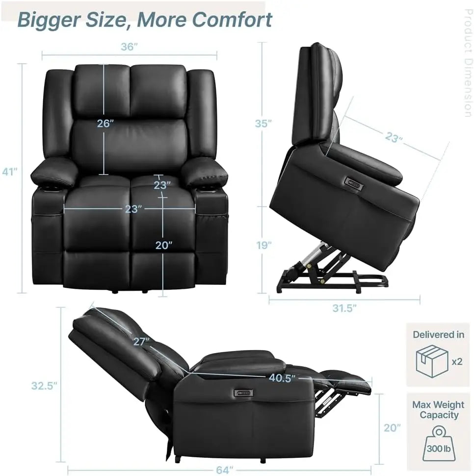 Large Electric Power Lift Recliner Chair, PU Leather Massage Chair with Heat and USB Port for Elderly, Ergonomic Lounge Chair