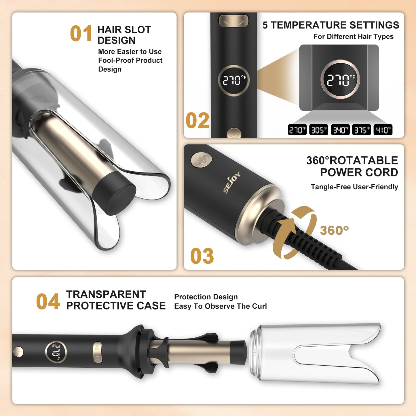 SEJOY Auto Curling Iron, Professional Anti-Tangle Auto Hair Curler with 1.0-inch Rotating Barrel, 5 Temps  and Auto Shut-Off