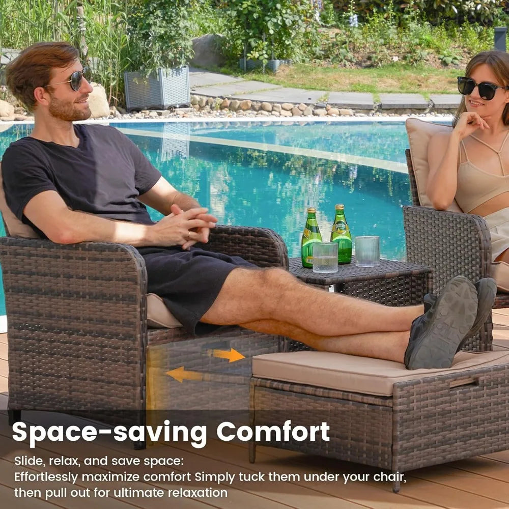 Balcony Furniture Outdoor Patio Chair with Ottoman for Small Space, 5 Piece Wicker Patio Furniture Set with Side Table, Khaki