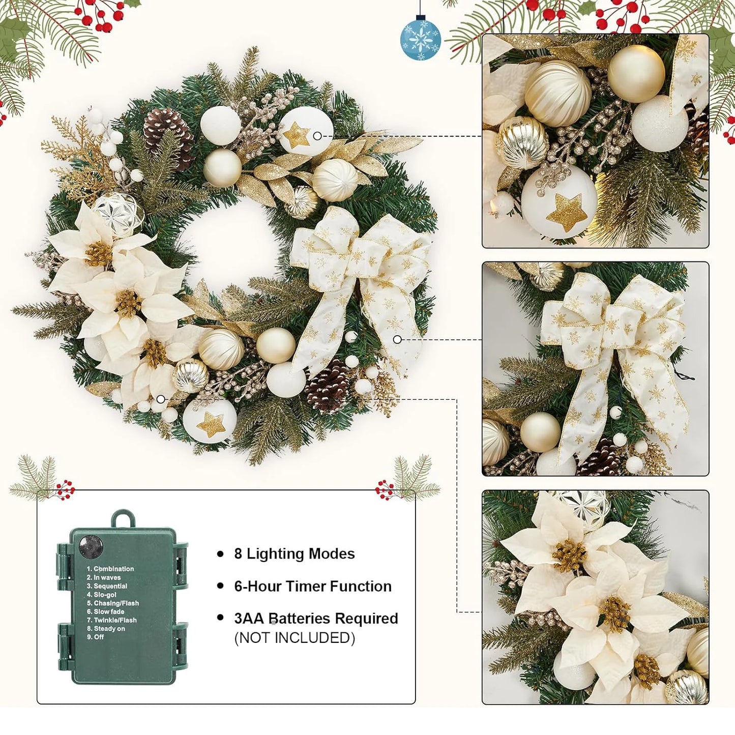 24 Inch Lighted Christmas Wreath with Timer Pre-Lit Xmas Wreath with Flower Bowknot Pine Cones Balls Battery Operated Wreath