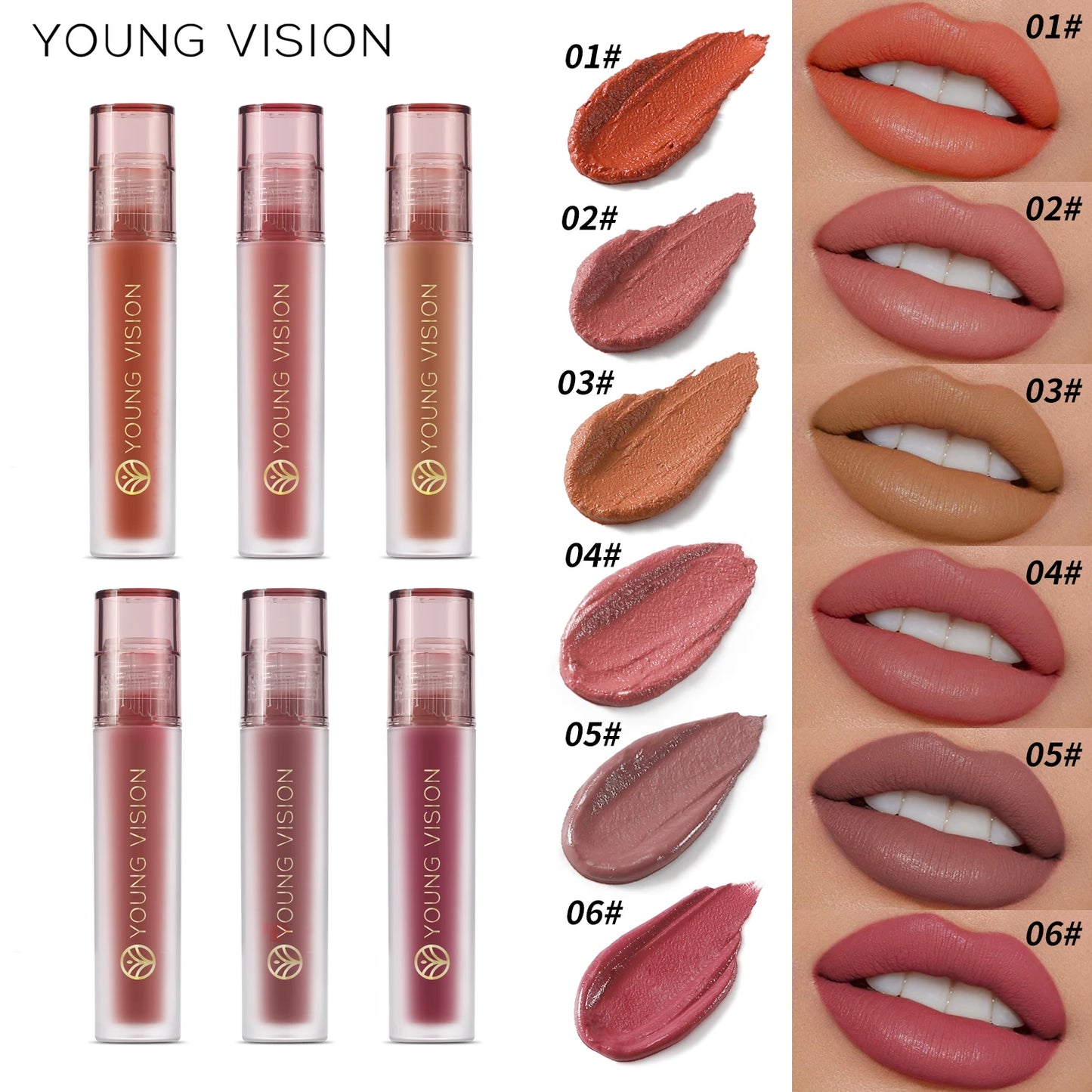 YOUNG VISION's 6-color Matte Velvet Lip Paste is a non-sticky, long-lasting liquid lipstick that is comfortable to wear.