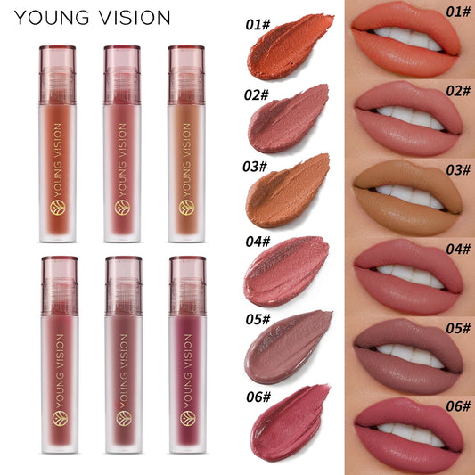 YOUNG VISION's 6-color Matte Velvet Lip Paste is a non-sticky, long-lasting liquid lipstick that is comfortable to wear.