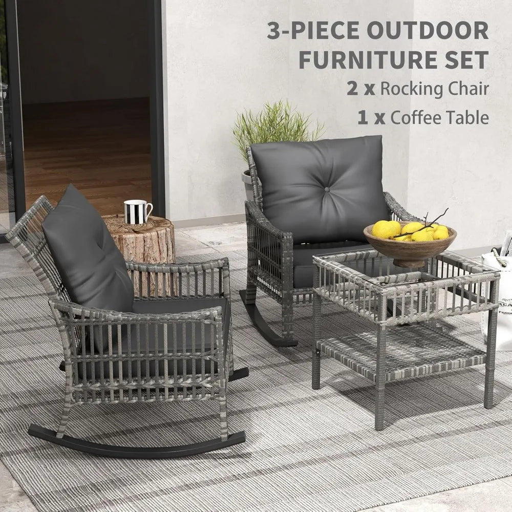 Wicker Outdoor Rocking Chair Set, 3 Piece Patio Furniture Set with Padded Cushions and Storage Coffee Table, 2-Seater PE Rattan